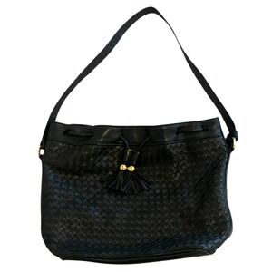 Vintage Ganson Shoulder Bag‎ Leather Navy Dark Blue Woven Small Purse Tassel